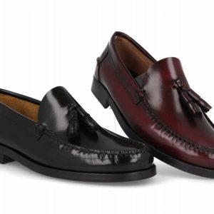 Mocasín de piel con borlas para hombre modelo 1014 en negro y burdeos
