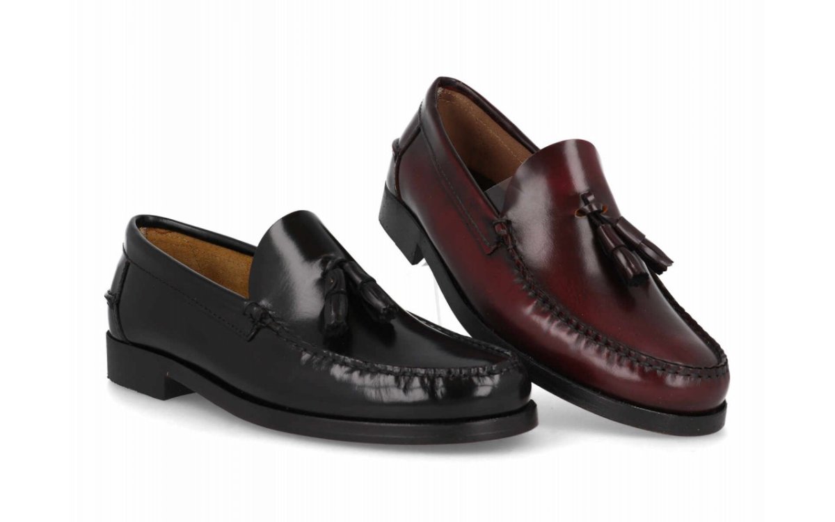 Mocasín de piel con borlas para hombre modelo 1014 en negro y burdeos - Imagen 2
