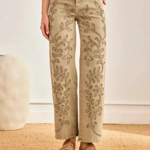 JEANS FILIGRANA HOJAS BORDADAS KHAKI
