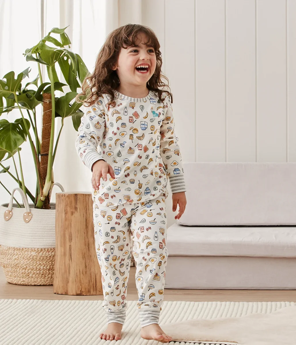 Conjunto de pijama para niños de manga larga de algodón blanco Desayuno