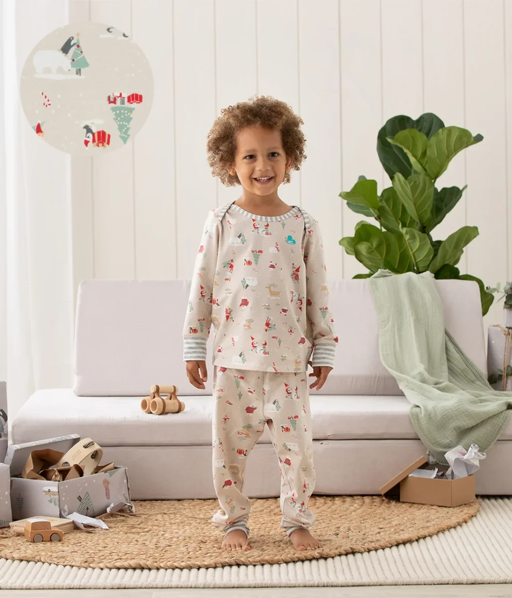 Conjunto de pijama para niños de manga larga de algodón beige Snow Party