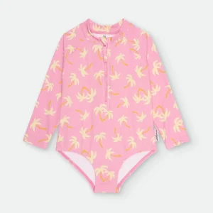 Bañador entero con mangas Rosa con Palmeras- WATERLEMON