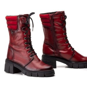 5790 Bota media caña para señora en piel con cordones y cremallera lateral de color burdeos, piso urbano ( hecho en España)