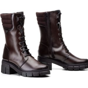 5790 Bota media caña para señora en piel con cordones y cremallera lateral de color marrón, piso urbano ( hecho en España)