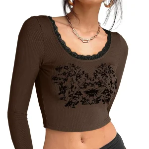 Crop Top manga larga color café y negro talla M (Nuevo)