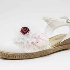 Alpargata blanco bordado flor hoja rosa niña