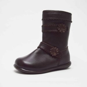Bota alta marron flores niña