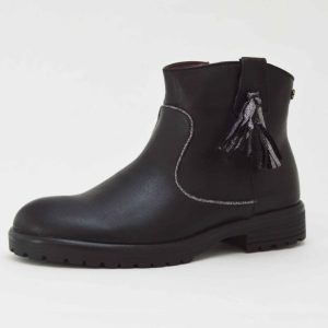 Botín negro borlas glitter plata niña