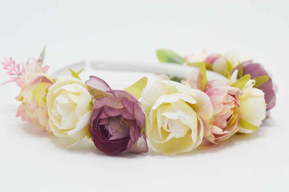 Diadema flores tonos rosa y beige ceremonia niña - Imagen 8