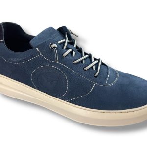 EX-1064 Calzado para caballero deportivo tipo casual en piel de color azul con cordón elástico ( hecho en España)