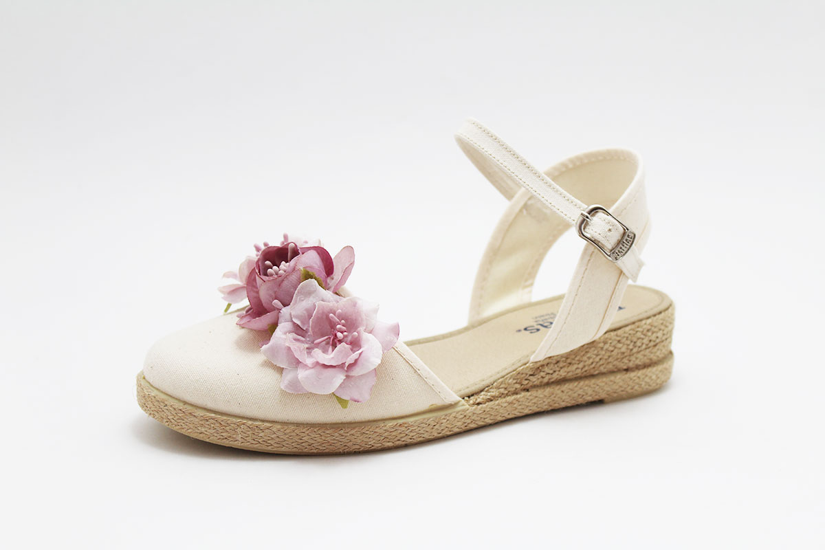 Esparteñas cuña niña flores malva ceremonia - Imagen 3
