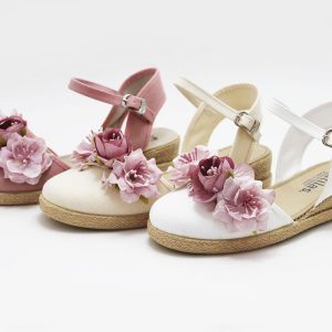 Esparteñas cuña niña flores malva ceremonia
