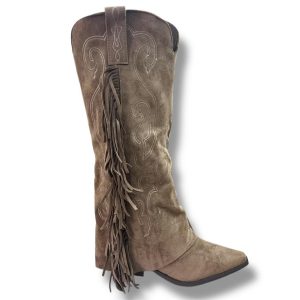 HB 1063 Bota para señora tipo cawboy con flecos y cremallera lateral en antelina de color kaki