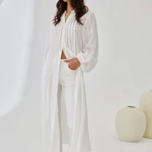 BLUSÓN MAO LARGO MAXI PLISADOS BLANCO