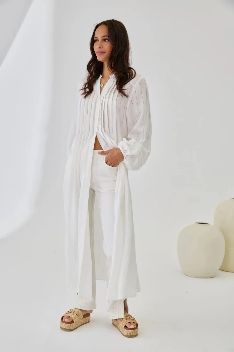 BLUSÓN MAO LARGO MAXI PLISADOS BLANCO - Imagen 2