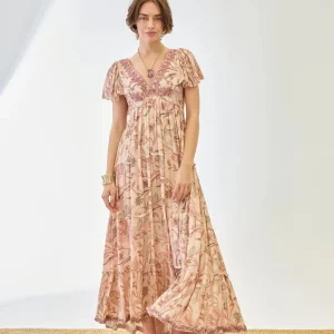 VESTIDO BORDADOS MANGAS VOLANTE ROSA
