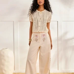 PANTALÓN BORDADOS FLORALES CRUDO