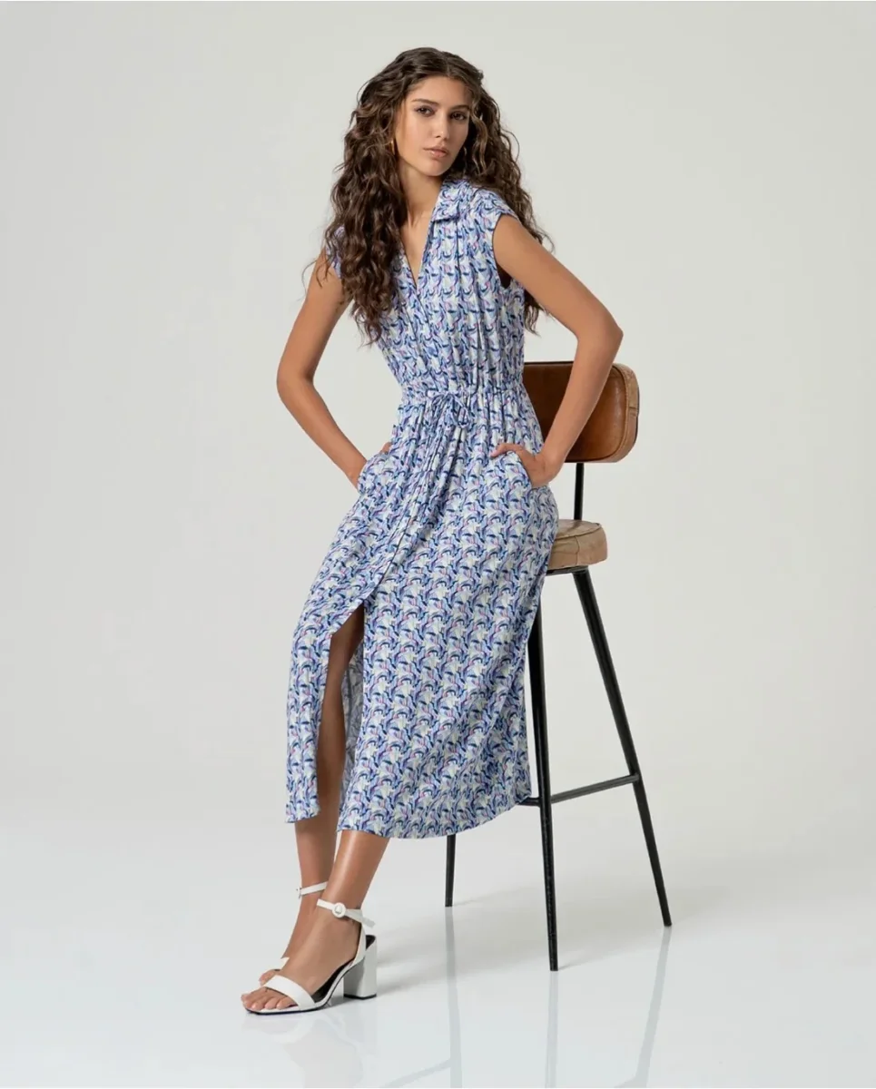 VESTIDO MIDI CAMISERO ESTAMPADO AZUL - Imagen 3