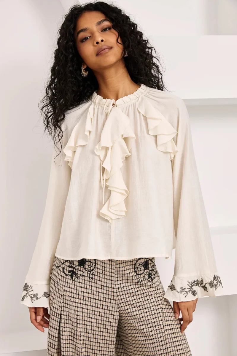 BLUSA VOLANTES PUÑOS JOYA IVORY - Imagen 2
