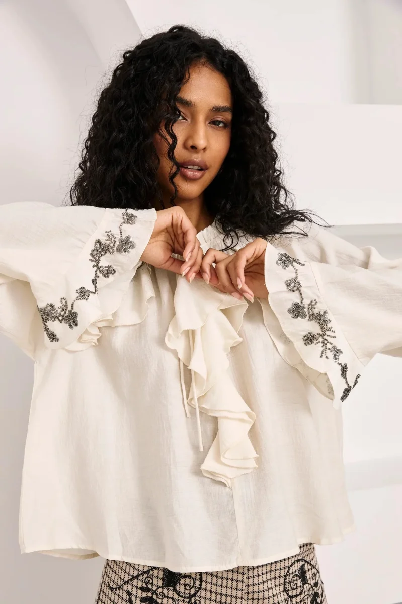 BLUSA VOLANTES PUÑOS JOYA IVORY - Imagen 4