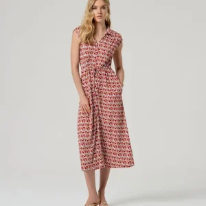 VESTIDO MIDI CAMISERO ESTAMPADO ROJO