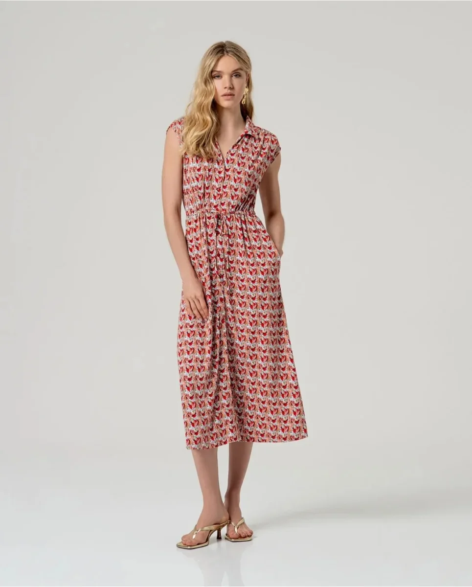 VESTIDO MIDI CAMISERO ESTAMPADO ROJO