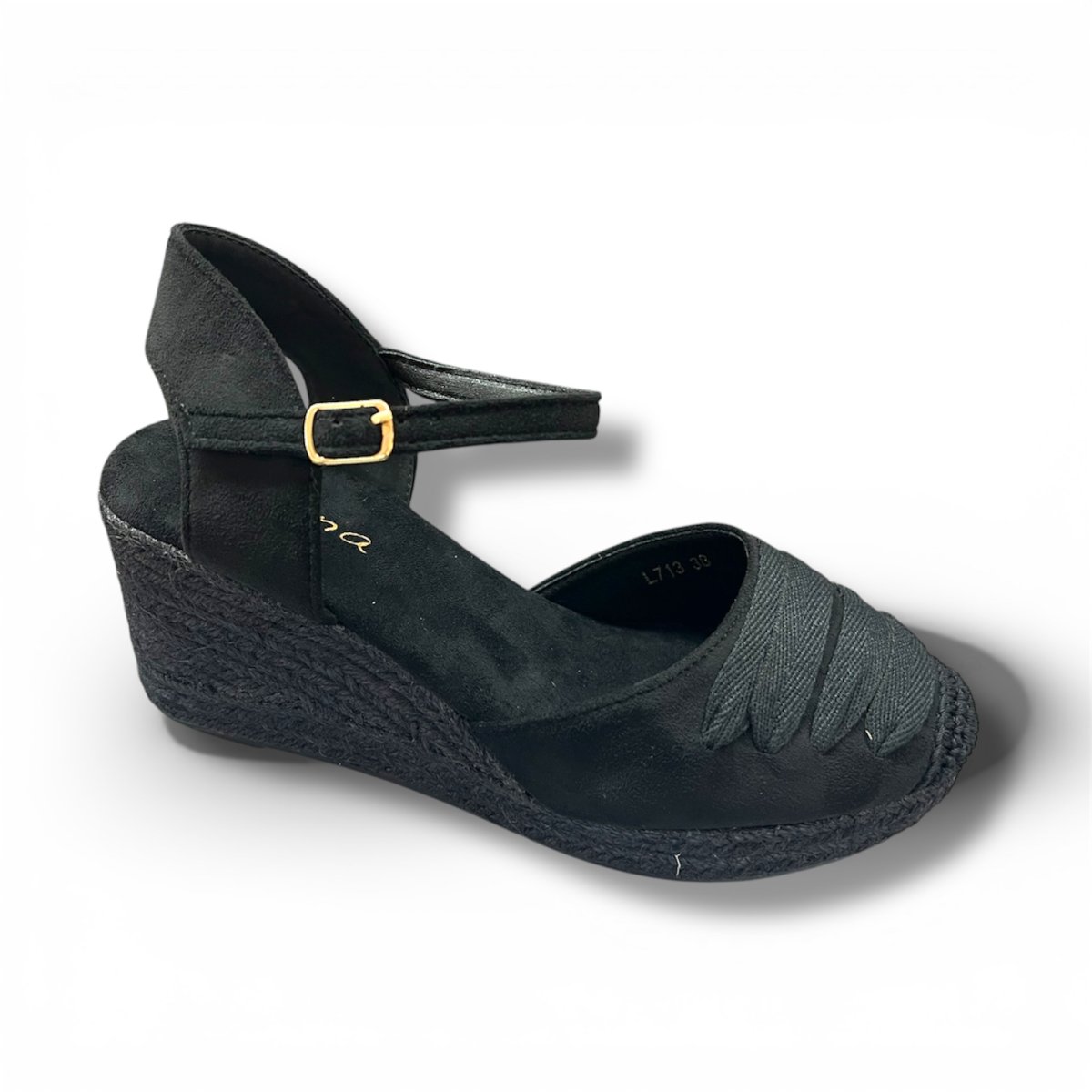 Valenciana con cuña de yute en antelina de color negro L-713