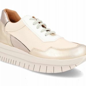 Deportiva de piel para mujer modelo 124 en Beige con detalles metalizados y suela track