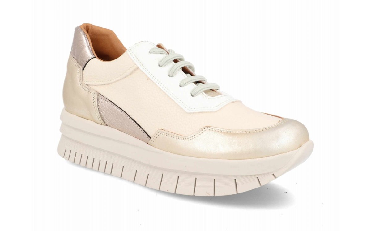Deportiva de piel para mujer modelo 124 en Beige con detalles metalizados y suela track - Imagen 2