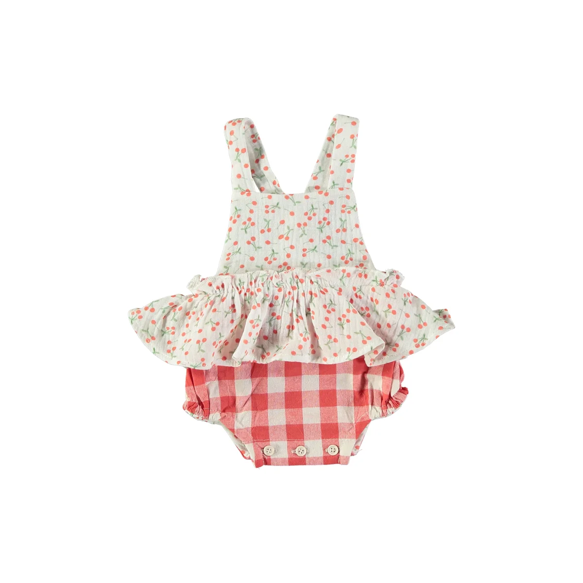 Pelele de tirantes combinado flores y cuadro vichy en rojo- PETIT INDI - Imagen 2