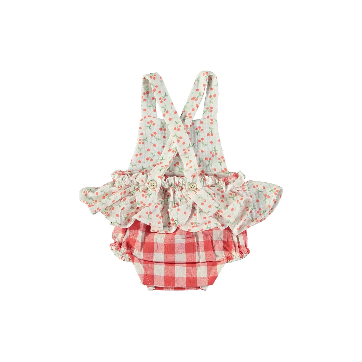 Pelele de tirantes combinado flores y cuadro vichy en rojo- PETIT INDI - Imagen 3