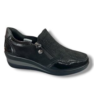 AMD 29385 Zapato para señora en antelina con cremalleras laterales y fantasía de color negro