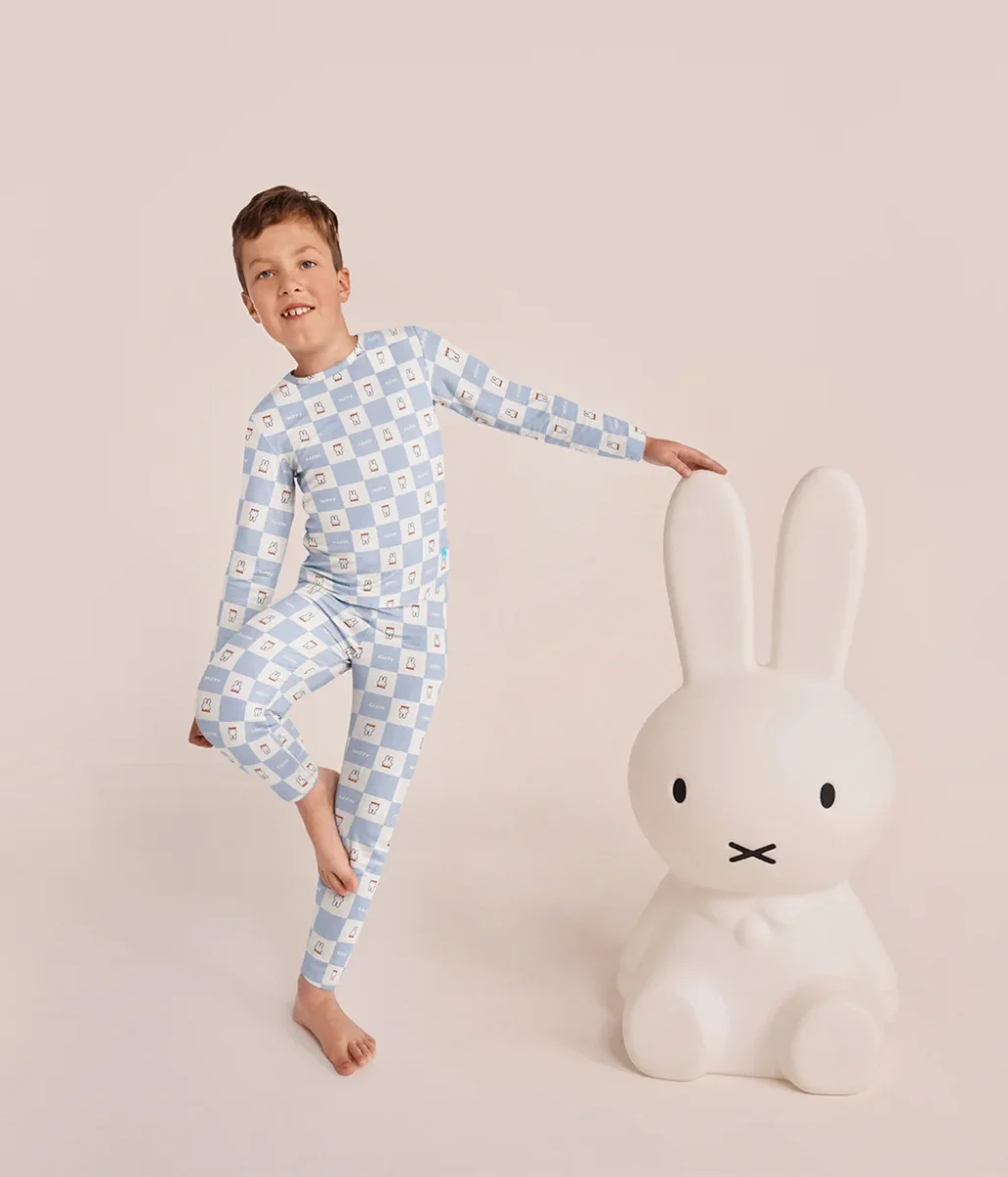 Pijama infantil manga larga de viscosa de bambú Azul Miffy a cuadros