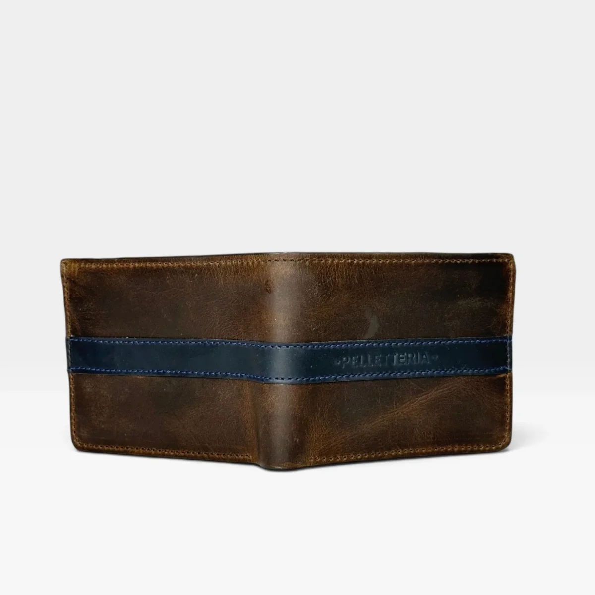 Billetera Hombre Cuero Pull-Up Café con Franja Azul y RFID - Imagen 5