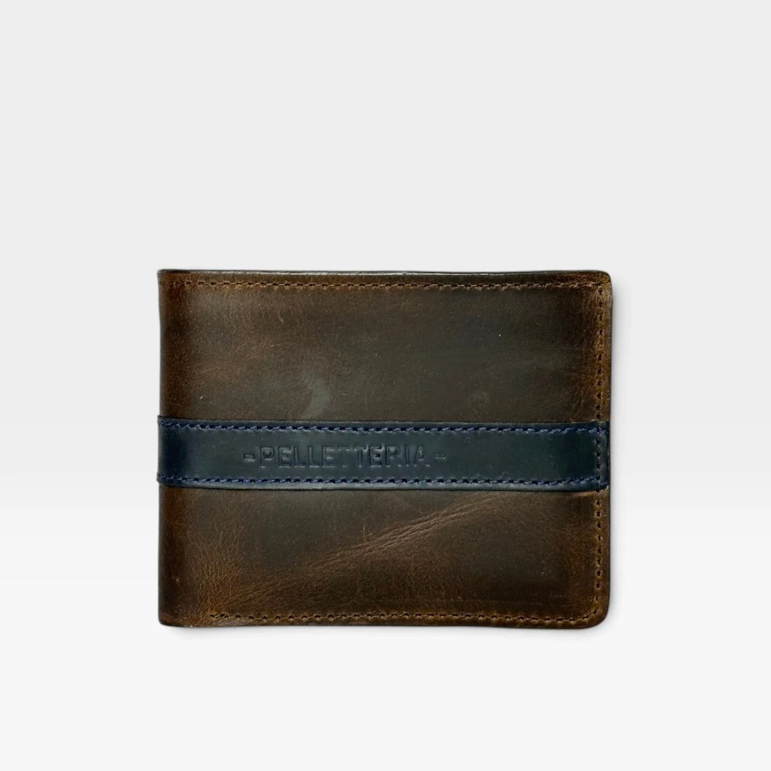 Billetera Hombre Cuero Pull-Up Café con Franja Azul y RFID