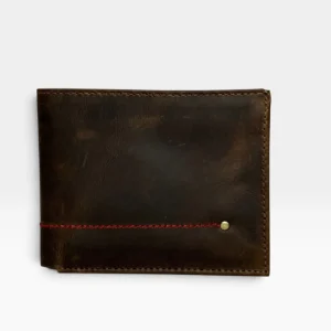 Billetera Hombre Cuero Pull-Up Café con Costura Roja y RFID