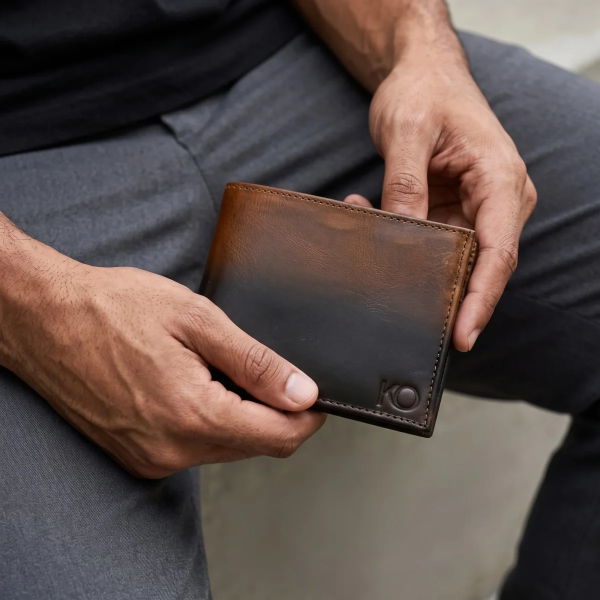 Billetera Hombre Cuero Vacuno Difuminado Café a Negro con RFID - Imagen 5