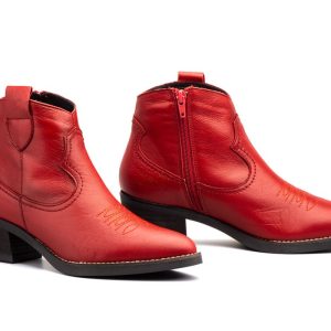 935 Botín para señora Cowboy en piel con tacón y cremallera lateral de color rojo ( hecho en España)