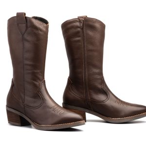 940 Bota para señora Cowboy en piel con tacón y cremallera lateral de color marrón ( hecho en España)