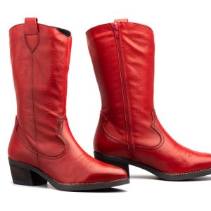 940 Bota para señora Cowboy en piel con tacón y cremallera lateral de color rojo ( hecho en España)