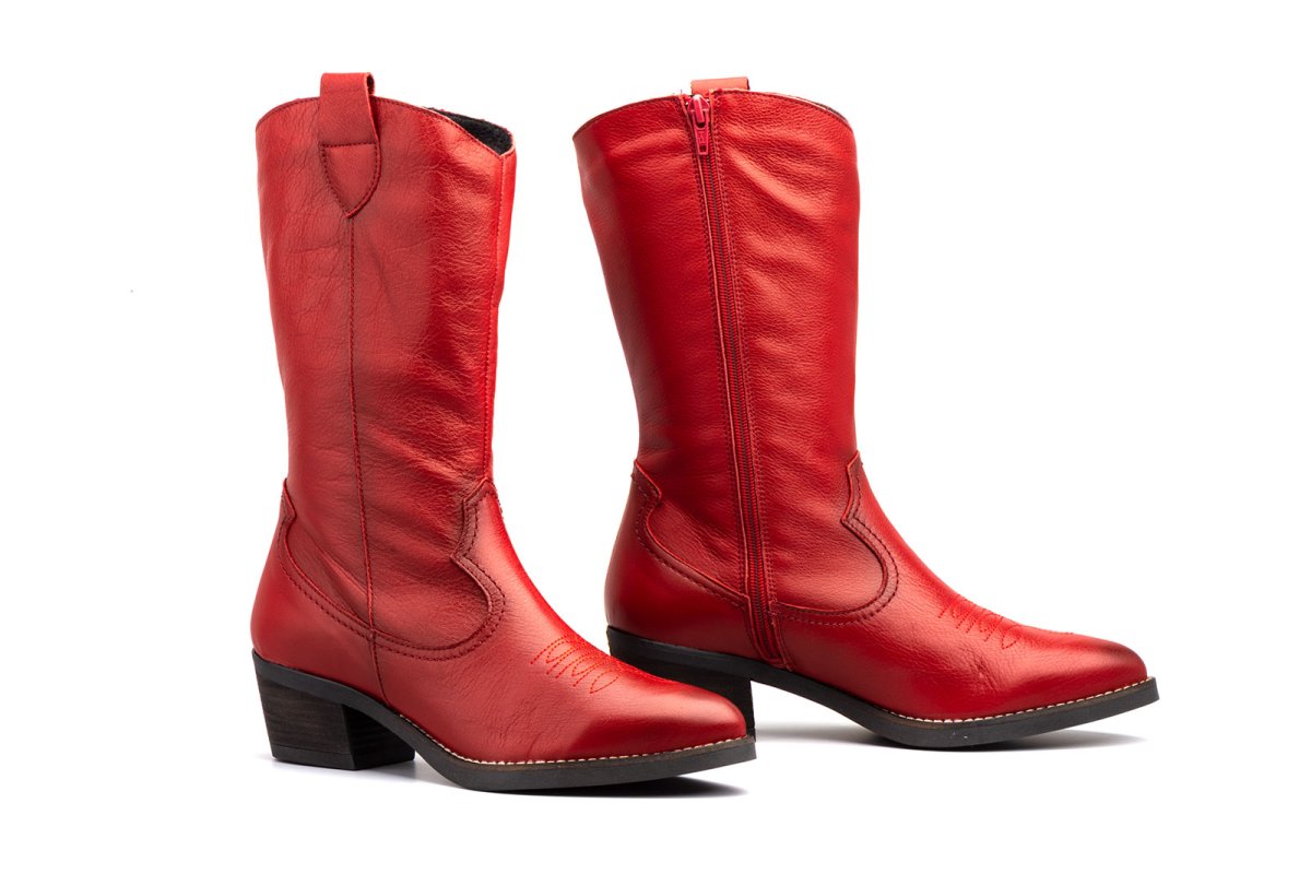 940 Bota para señora Cowboy en piel con tacón y cremallera lateral de color rojo ( hecho en España) - Imagen 3